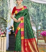 Sangam prints dark green silk woven work festival saree