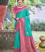 Sangam prints teal blue silk woven work festival saree