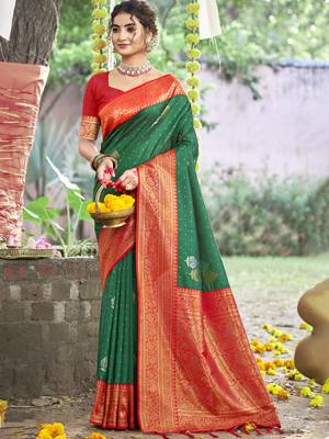 Sangam prints green silk woven work festival saree 1