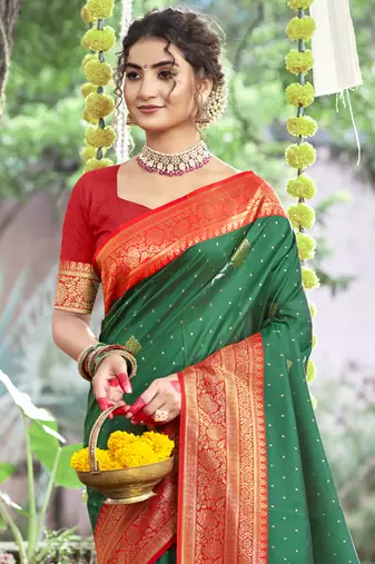 Sangam prints green silk woven work festival saree