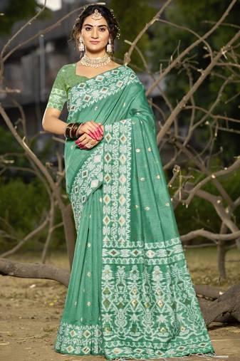 Sangam prints teal green linen woven work festival saree
