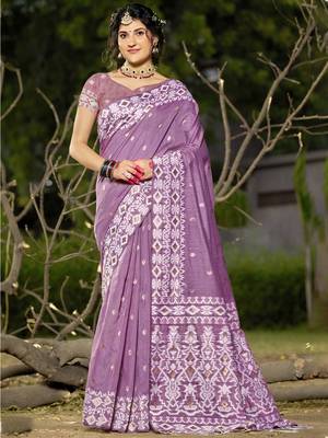 Sangam prints purple linen woven work festival saree 1