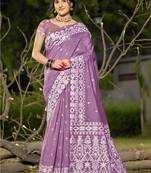 Sangam prints purple linen woven work festival saree