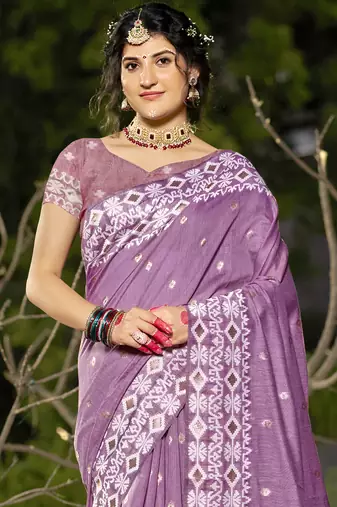 Sangam prints purple linen woven work festival saree