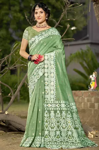 Sangam prints light green linen woven work festival saree