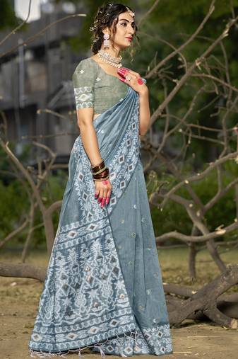 Sangam prints grey linen woven work festival saree