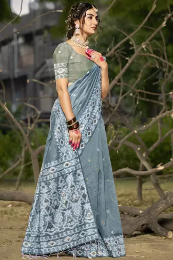 Sangam prints grey linen woven work festival saree