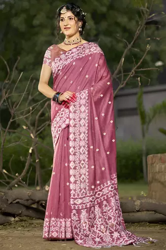 Sangam prints pink linen woven work festival saree