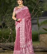 Sangam prints pink linen woven work festival saree