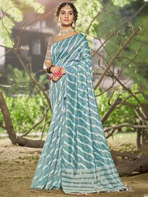 Sangam prints sky blue linen woven work festival saree 1