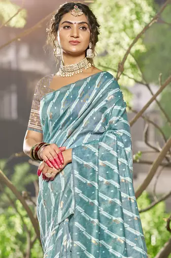 Sangam prints sky blue linen woven work festival saree