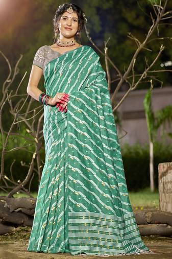 Sangam prints teal green linen woven work festival saree