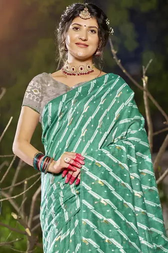 Sangam prints teal green linen woven work festival saree