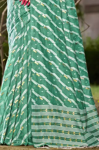 Sangam prints teal green linen woven work festival saree