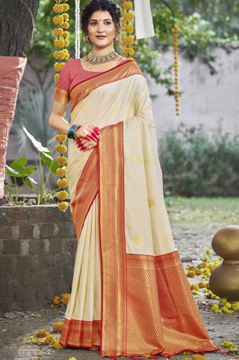 Sangam prints cream silk woven work festival saree