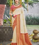 Sangam prints cream silk woven work festival saree