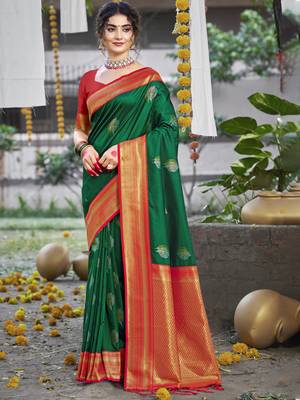 Sangam prints dark green silk woven work festival saree 1