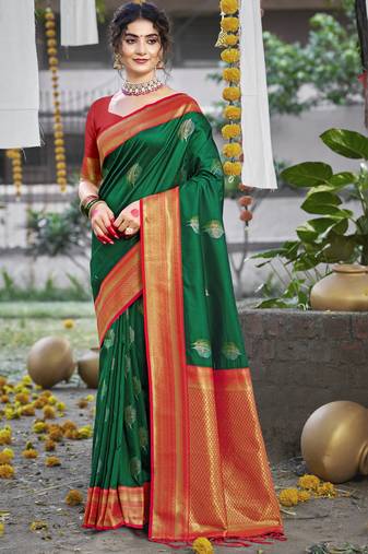 Sangam prints dark green silk woven work festival saree