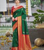 Sangam prints dark green silk woven work festival saree