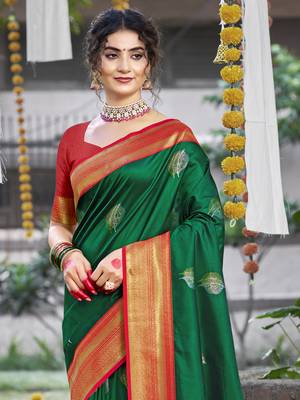 Sangam prints dark green silk woven work festival saree 2