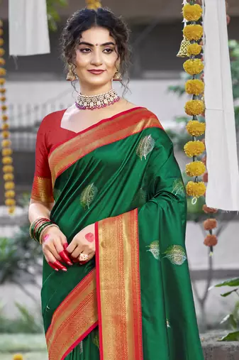 Sangam prints dark green silk woven work festival saree