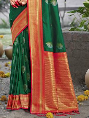 Sangam prints dark green silk woven work festival saree 3