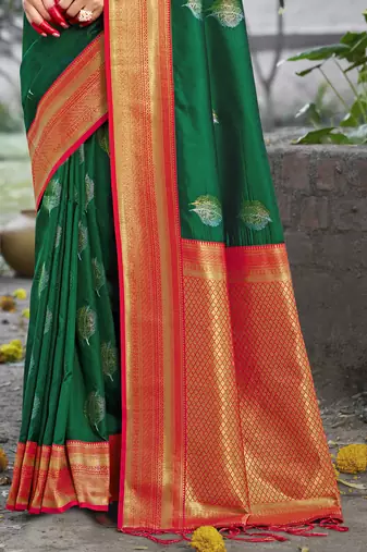 Sangam prints dark green silk woven work festival saree