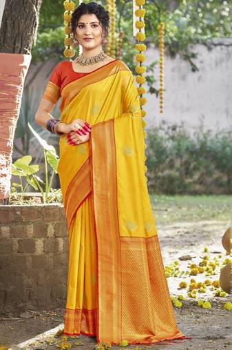 Sangam prints yellow silk woven work festival saree