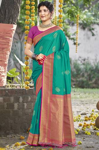Sangam prints teal green silk woven work festival saree