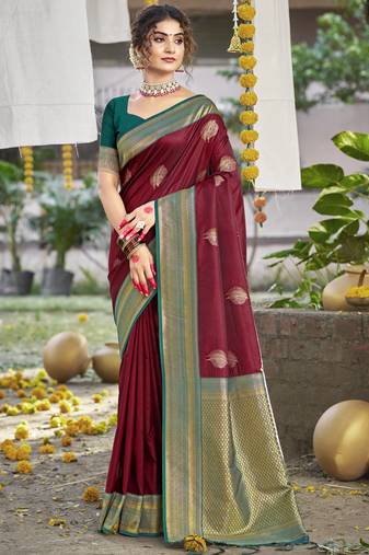 Sangam prints maroon silk woven work festival saree
