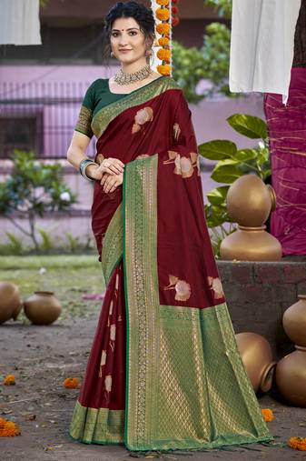 Sangam prints maroon silk woven work festival saree