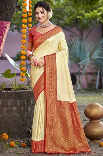 Sangam prints cream silk woven work festival saree