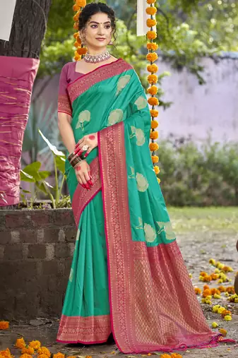 Sangam prints teal blue silk woven work festival saree