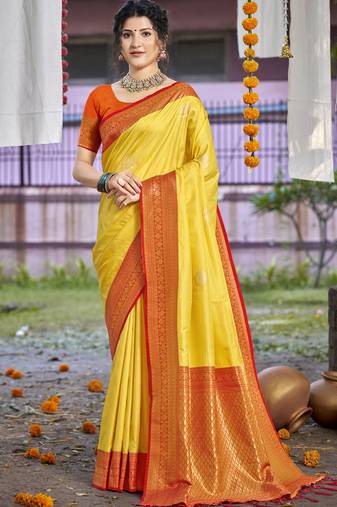 Sangam prints yellow silk woven work festival saree