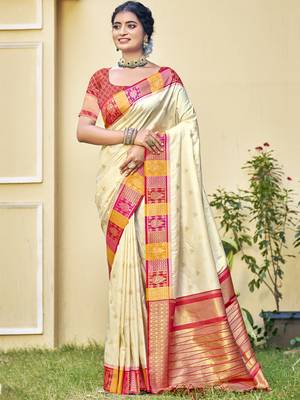 Sangam prints cream silk woven work festival saree 1