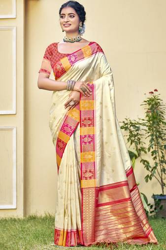 Sangam prints cream silk woven work festival saree