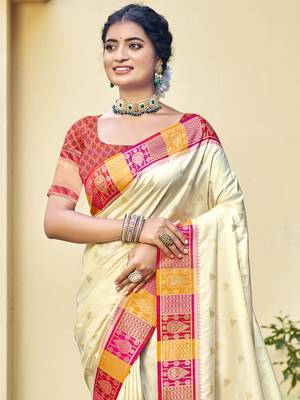 Sangam prints cream silk woven work festival saree 2
