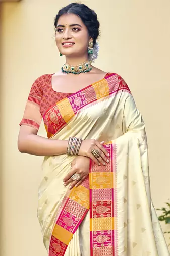 Sangam prints cream silk woven work festival saree