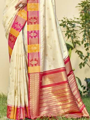 Sangam prints cream silk woven work festival saree 3