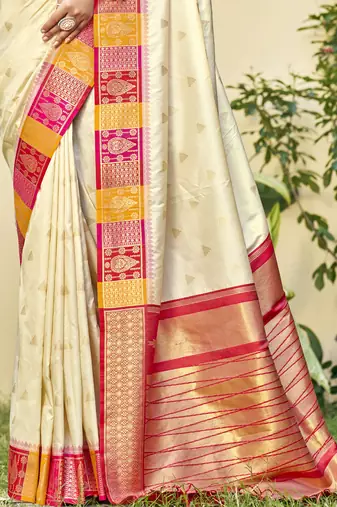 Sangam prints cream silk woven work festival saree