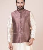 Mens cotton blend floral printed design wine nehru jacket for wedding and party searson