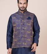 Mens cotton blend abstract printed design grey nehru jacket for wedding and party searson