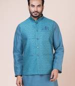 Mens cotton blend floral printed blue nehru jacket for wedding and party searson