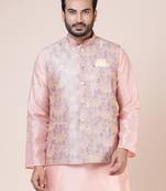 Mens cotton blend abstract printed peach nehru jacket for wedding and party searson
