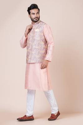 Mens cotton blend abstract printed peach nehru jacket for wedding and party searson 3