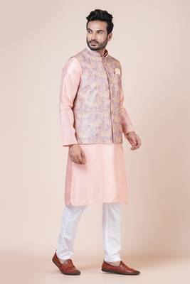 Mens cotton blend abstract printed peach nehru jacket for wedding and party searson 4