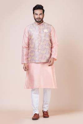 Mens cotton blend abstract printed peach nehru jacket for wedding and party searson 5