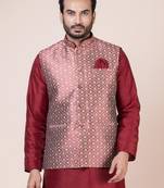Mens cotton blend floral leaf printed maroon nehru jacket for wedding and party searson