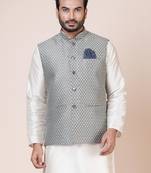 Men cotton blend floral seamless design printed blue nehru jacket for wedding and party season