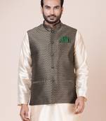 Men cotton blend floral seamless design printed grey nehru jacket for wedding and party season